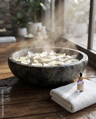 Spa Stone Bowl with Hot Steam, Flower Petals, Lemon, Serum, Towel