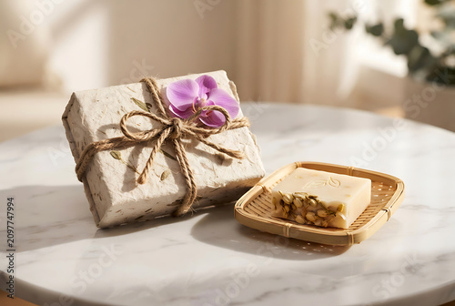 Handmade Gift Box with Purple Orchid Flower and Herbal Soap, Spa