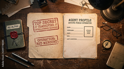 Open Classified Intelligence Dossier with Blank Secret Agent Profile on Vintage Desk
