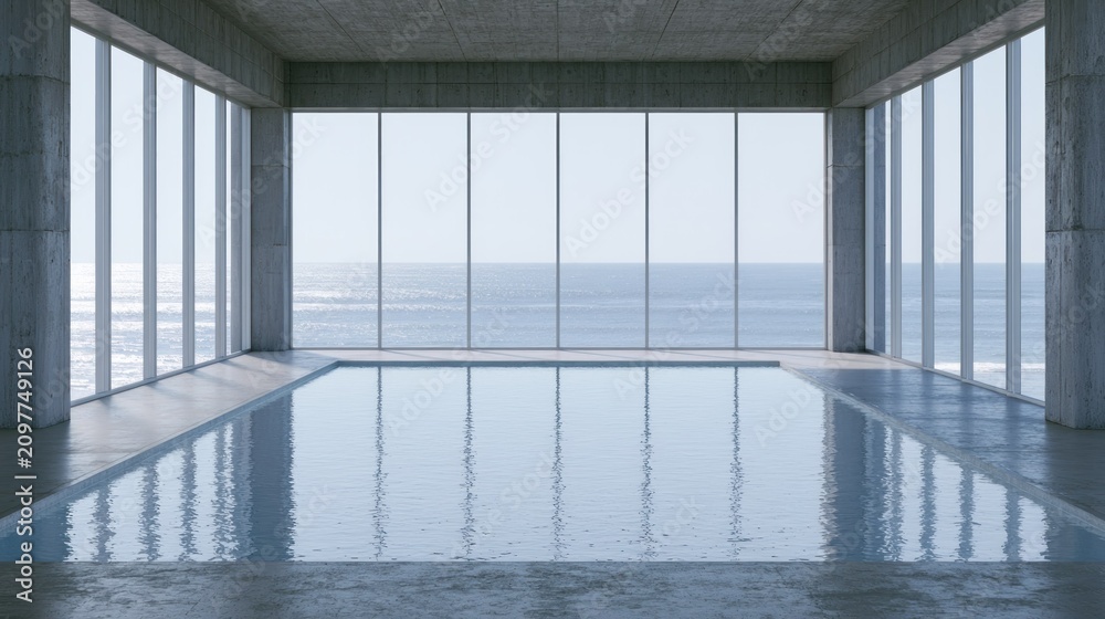 Naklejka premium Empty minimalist indoor pool with large ocean windows.