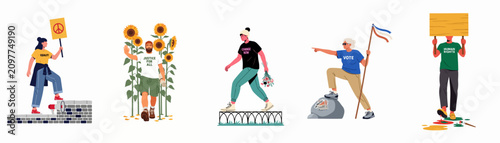 Diverse group of activists advocating for human rights, equality, peace, and justice through symbolic demonstrations in a flat vector illustration style.