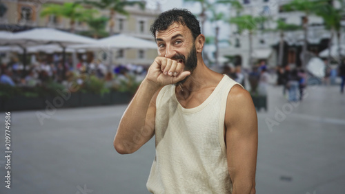 Принти на полотні Man biting his fist, hand to mouth gesture in a busy street cafe wearing a sleeveless tanktop, bearded middleaged hispanic; stifled amusement