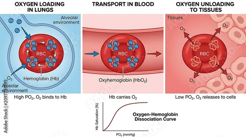 Oxygen hemoglobin dissociation curve and transport process in red blood cells