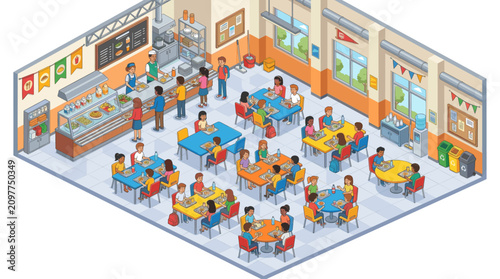 School Cafeteria Lunch Room Interior in Colorful Isometric Vector Style