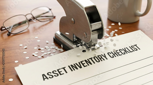 Asset inventory checklist paper with hole puncher and glasses on wooden desk, office organization concept with scattered paper confetti and coffee cup for productivity and focus