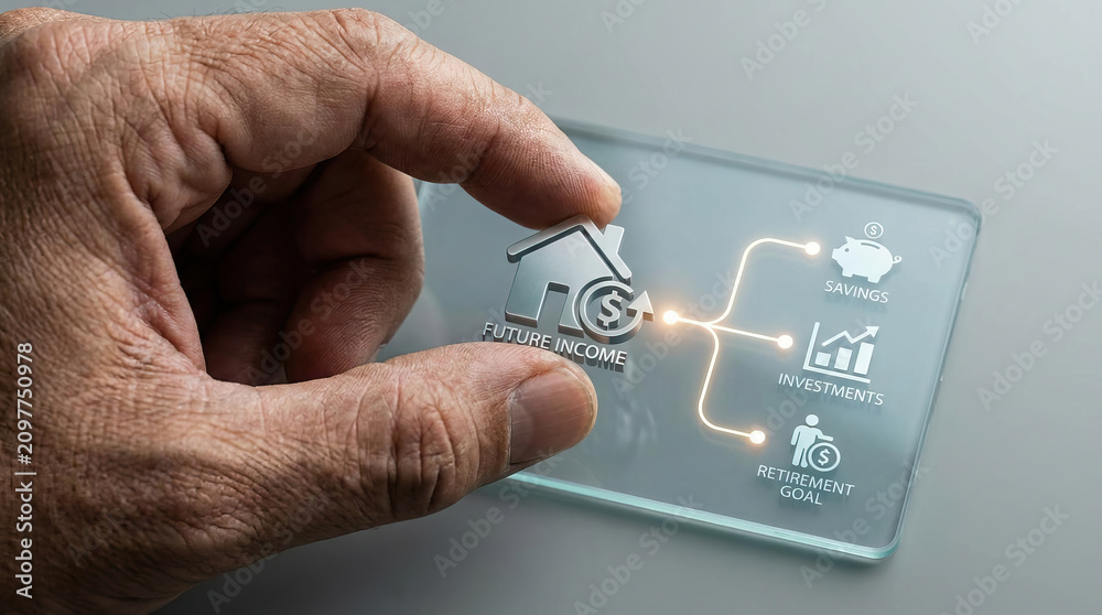 Obraz premium Future income retirement strategy savings investment goal concept with hand holding transparent card and financial icons