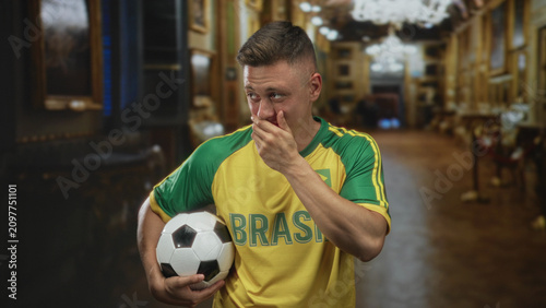 Bild auf Leinwand Man in brazil soccer jersey holding a soccer ball with hand to mouth, standing in an ornate building hall lined with paintings and chandeliers; pride reflection
