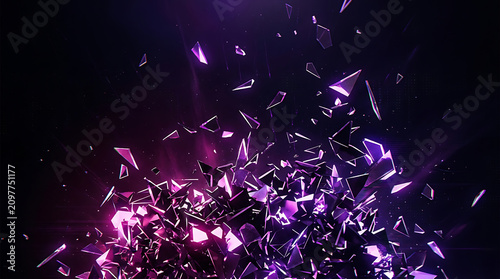 Abstract explosion of sharp purple glass shards and geometric fragments floating in dark space with glowing light effects and cinematic energy