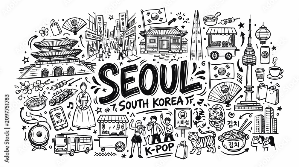 Fototapeta premium Seoul South Korea Travel Landmarks in Black and White Hand Drawn Doodle Style
