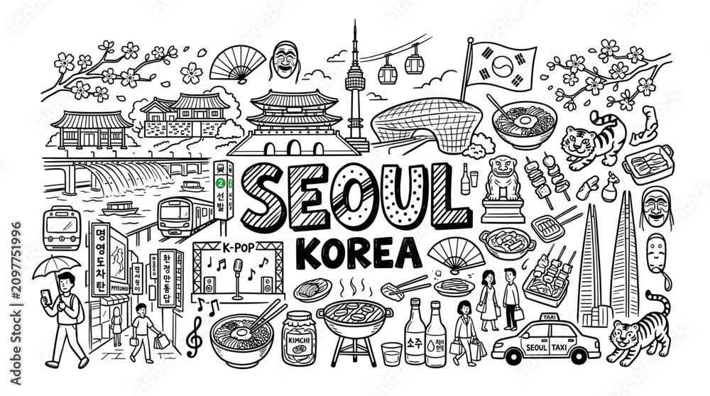 Fototapeta premium Seoul South Korea Travel Landmarks in Black and White Hand Drawn Doodle Style