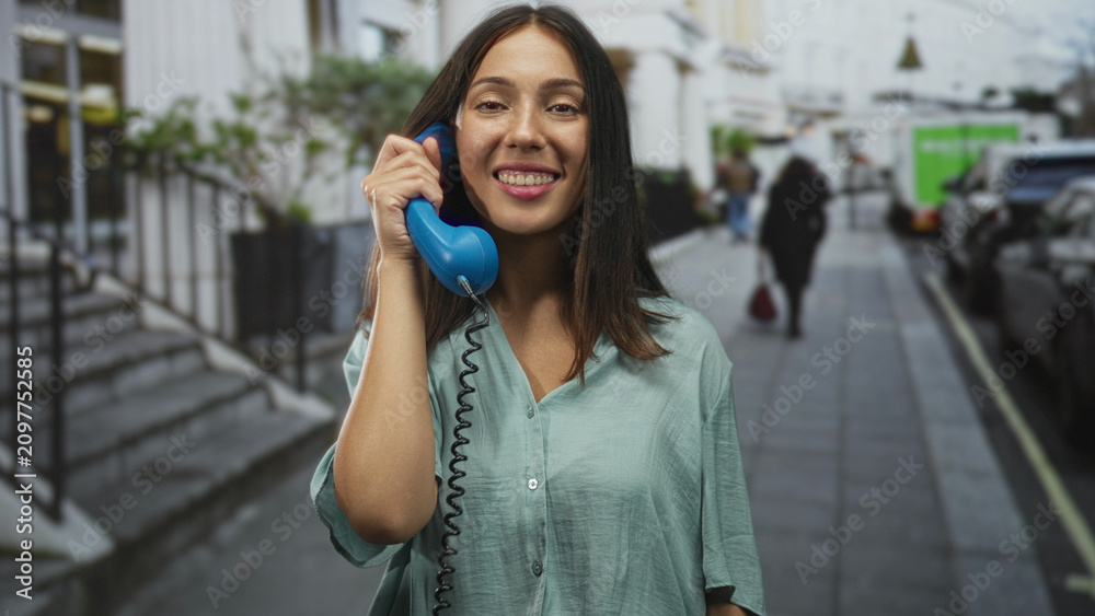 Fototapeta premium Woman holding a blue telephone handset to her ear on a city street, smiling, young brunette hispanic; urban connection happy.