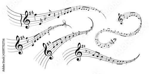 Photography Collection of black and white musical staves with swirling lines, treble clefs,