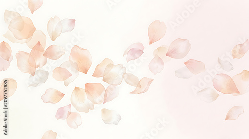 Soft pastel pink and peach flower petals falling on a light background, for romantic wedding, and spring season decorative