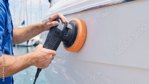Marine technician polishing yacht hull with rotary buffer, seasonal commissioning in marina, gelcoat restoration, oxidized fiberglass repair, uv protection coating, boat detailing workflow