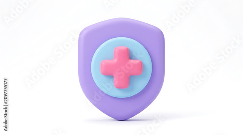 3d rendered medical shield with pink cross and light blue circle on soft white background, for healthcare safety, and protection concepts