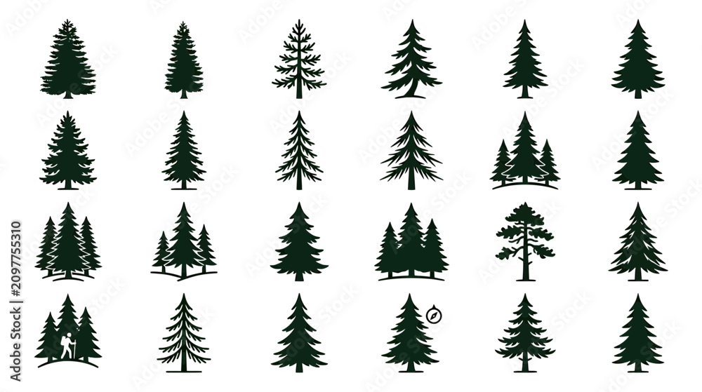 Obraz premium Collection of Evergreen Trees Silhouettes - Pine, Fir, Spruce Icons for Nature Graphics