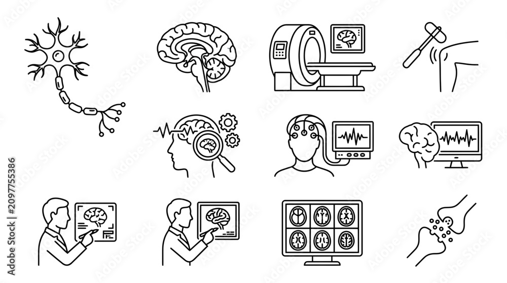 Fototapeta premium Medical Brain Scan and Neurology Icons: MRI, EEG, Neuron, Doctor