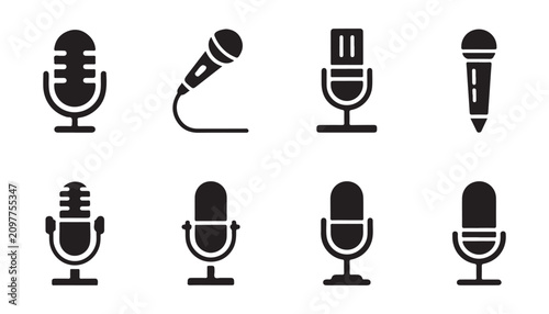 Schilderij op canvas Professional microphone icon set for studio recording broadcast podcast radio vocal performance