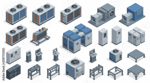 Isometric collection of industrial air conditioning units.