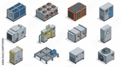 Isometric Collection of Industrial HVAC Units and Equipment.