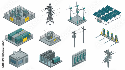 Isometric illustration of power plants and electrical infrastructure.