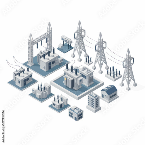 Isometric view of electrical substation and power grid infrastructure.