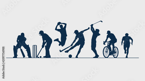 Dark Blue Silhouettes of Athletes Participating in Multiple Sports on Light Gray Background