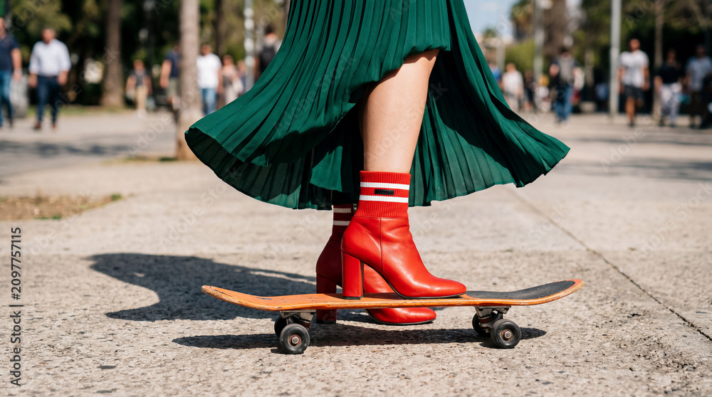 Obraz premium Fashionable woman skateboarding in vibrant red heels and green skirt