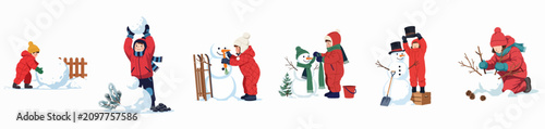 Bild auf Leinwand Collection of flat vector illustrations depicting a child building a snowman step by step in a snowy winter landscape isolated on white