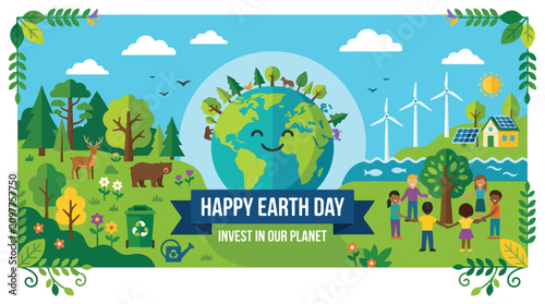 Happy earth day banner vector illustration. Eco friendly planet protection concept with wildlife and diverse group of people. Save the world header.