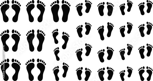 Bild auf Leinwand Human footprints black silhouettes icons set with adult and baby bare feet steps