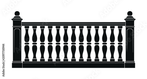 Fotografie Classic Balustrade: An ornate black balustrade featuring a series of decorative balusters and capped posts, designed with classic architectural elements, standing sturdy and elegant