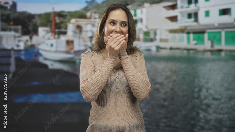 Fototapeta premium Woman covering mouth with hands, wearing beige sweater, in a studio framed against a marina with boats and building facades; surprise wonder.