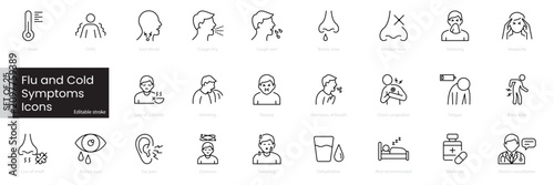 Flu and cold symptoms line icons set, outline medical signs including fever, cough, runny nose, headache and sore throat symbols. Healthcare illness awareness graphic design element collection