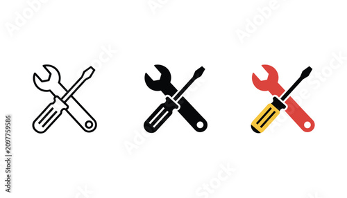 Bild auf Leinwand Wrench and screwdriver crossed tool icons in linear solid and flat color vector