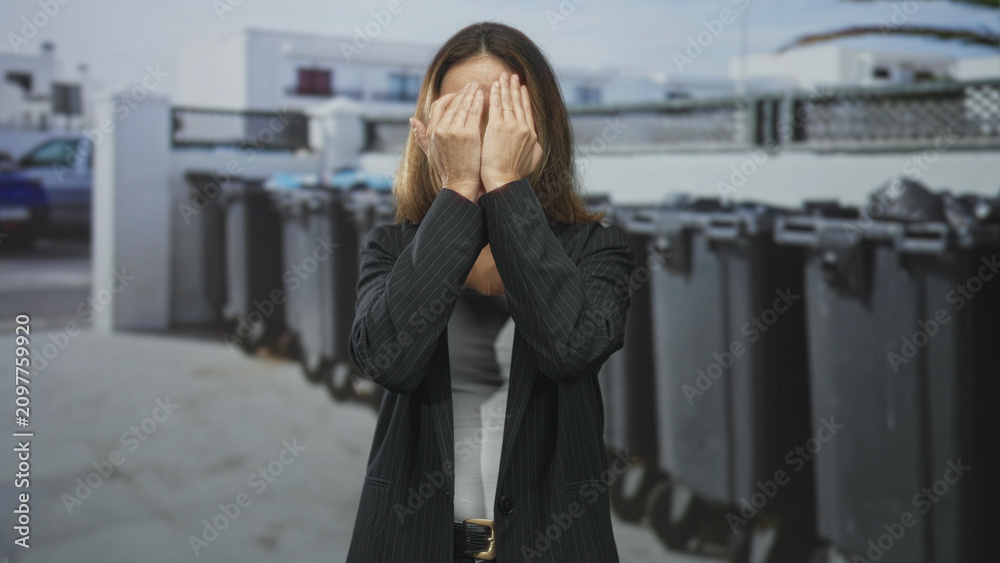 Fototapeta premium Woman in pinstripe blazer covers her face with both hands while standing before a row of trash bins on a street by a building and parked car; playful.