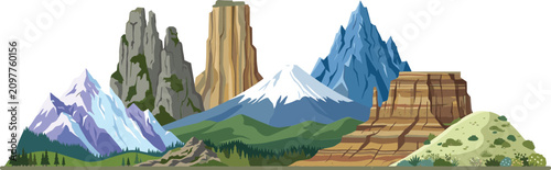 Schilderij op canvas Mountain landscapes and rock formations vector illustration set featuring snow p