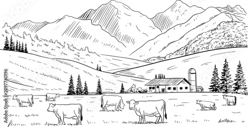Hand Drawn Mountain Farm Landscape, Rural Countryside Vector Illustration with Cattle Nature Scenic Background Design