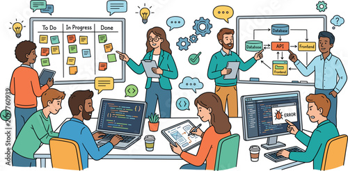 Foto Software development team working on agile project sprint planning programming c