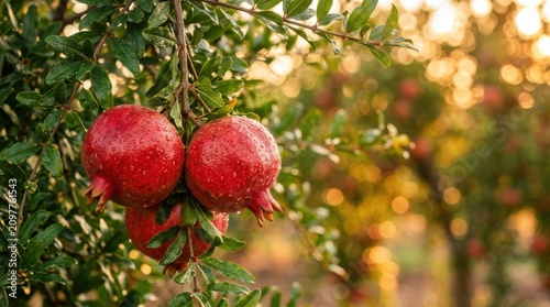 Ripe pomegranates on a tree. Fresh red fruit in an orchard. Organic harvest at sunset time.