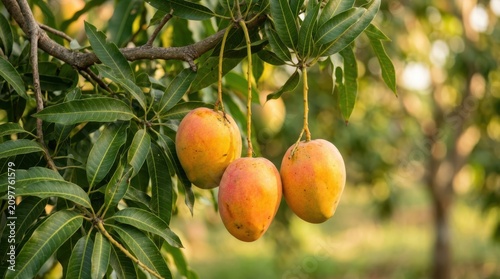 Ripe mangoes on tree branch. Fresh tropical fruit harvest. Organic orchard agriculture farm.