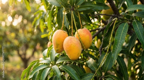 Ripe mangoes on tree branch. Fresh tropical fruit harvest. Organic orchard agriculture farm.