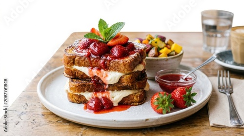 French toast with strawberries. Sweet breakfast dish with cream. Gourmet morning food plating.