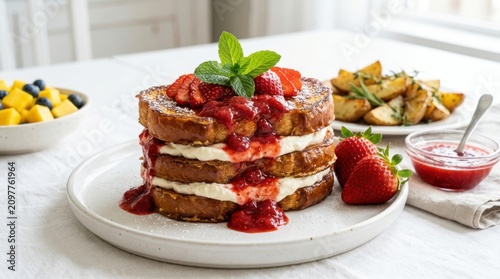 French toast with strawberries. Sweet breakfast dish with cream. Gourmet morning food plating.