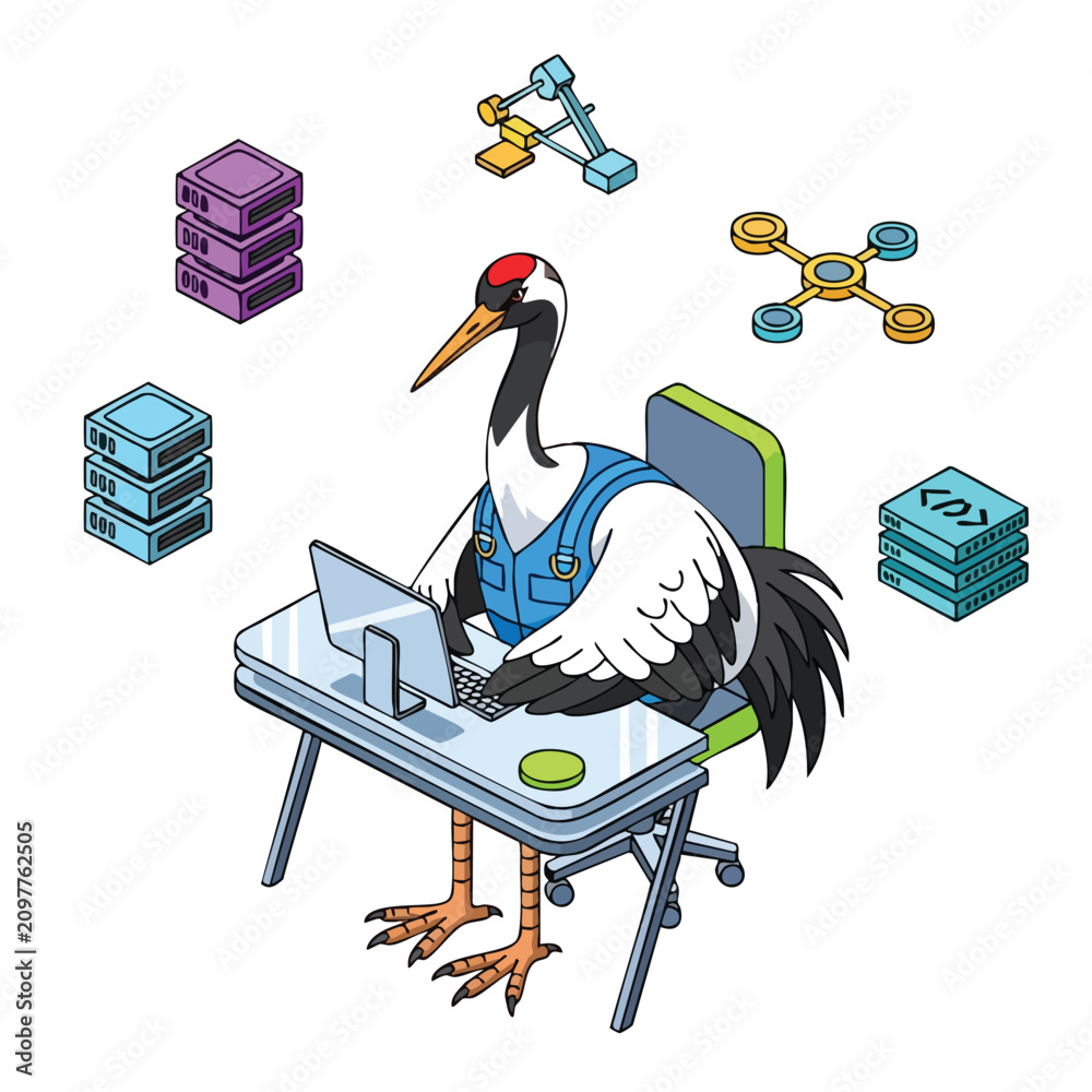 Obraz premium Crane Working on Computer.