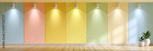 Modern interior with pastel colored walls, wooden floor, and spotlights, minimalist design