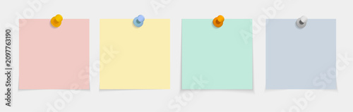 Colorful blank sticky note paper reminder with shadow and push pins. Vector design element reminders, memo, sheet isolated on transparent background. 