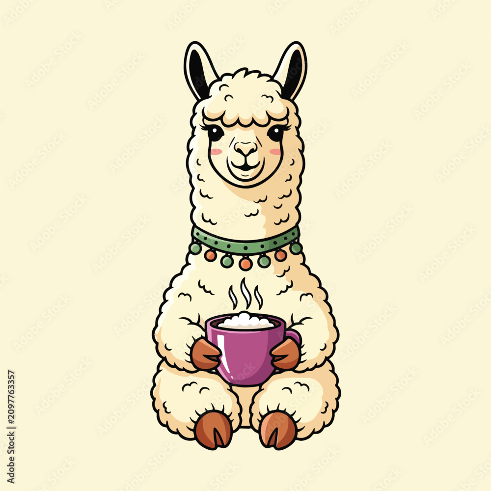 Fototapeta premium Cute Llama Holding Coffee Mug.