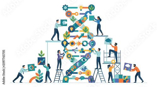 Diverse business team building DNA structure with corporate icons for branding strategy flat design vector illustration.