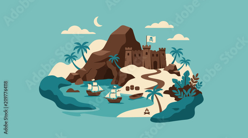 Photos Tropical pirate island with fortress and ships.